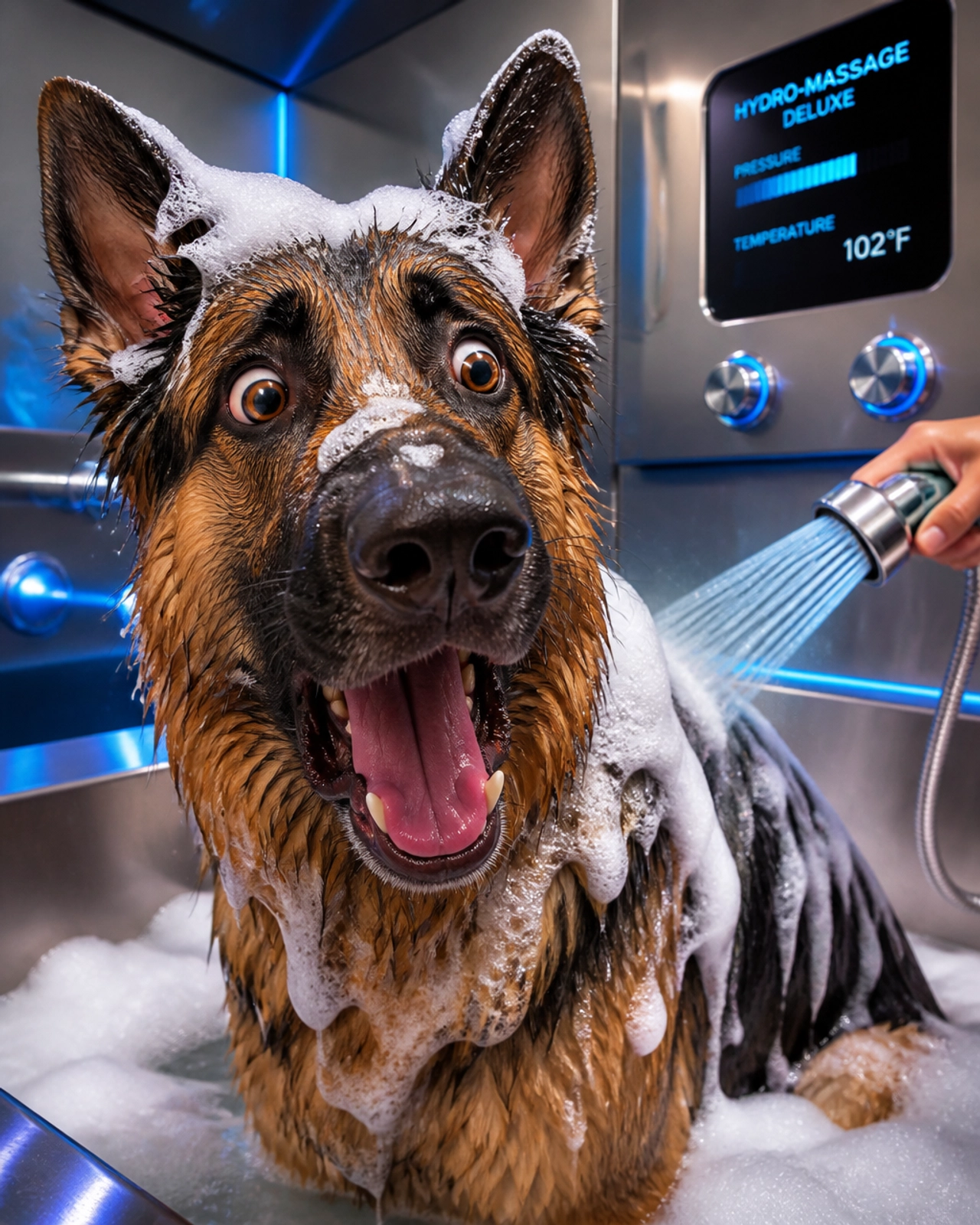 A large German Shepherd getting a hydromassage in a luxury tub, looking surprised and happy