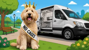 A large, happy Labradoodle wearing a gold crown and a 'No Cages' sash, sitting proudly in front of a modern mobile grooming van in a simplified, colorful park setting.