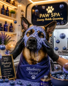A German Shepherd enjoying a luxury blueberry facial