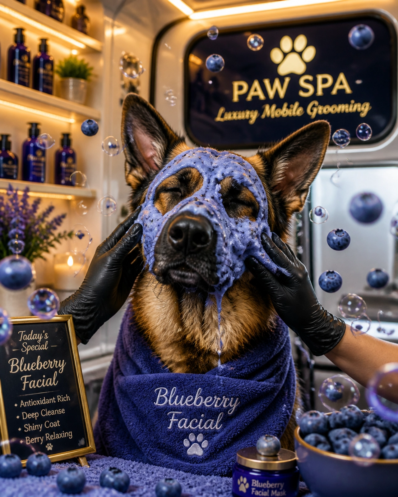 A German Shepherd enjoying a luxury blueberry facial