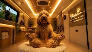 A large fluffy Labradoodle meditating in a peaceful grooming van