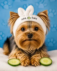 A pampered Yorkie enjoying a luxury spa experience