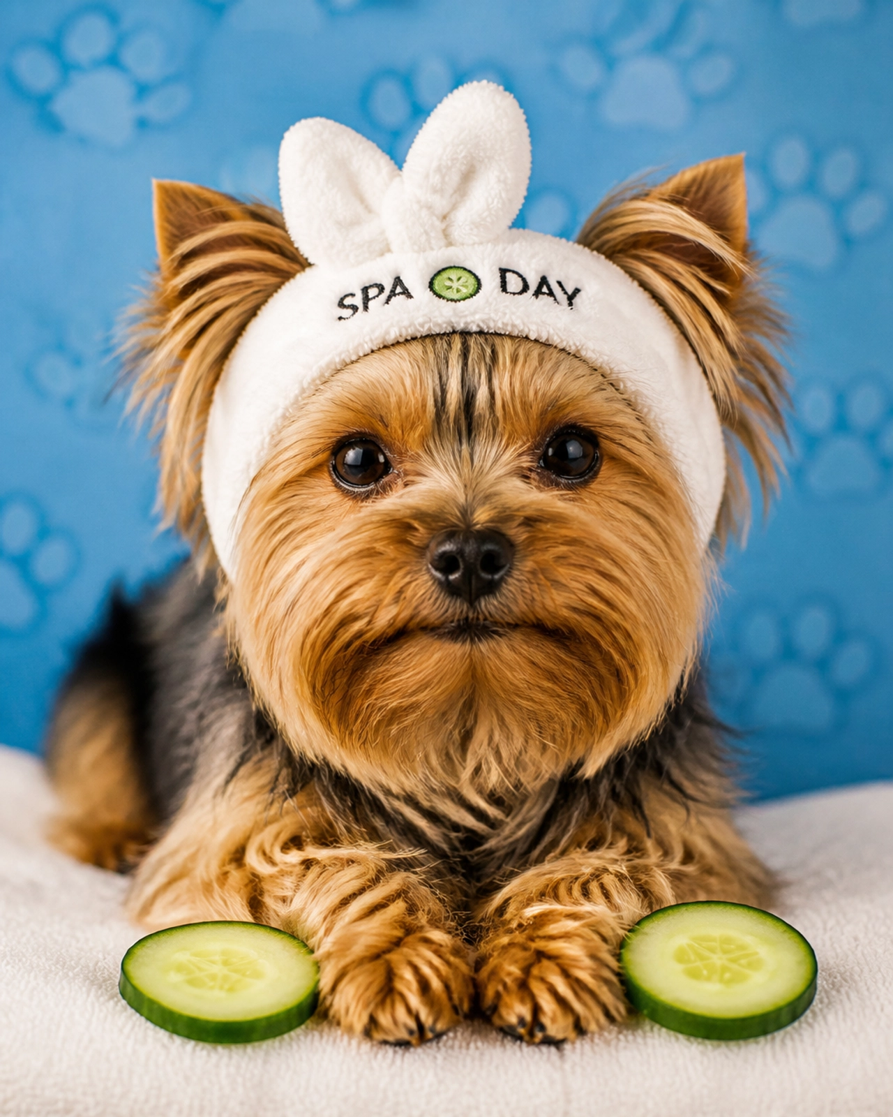 A pampered Yorkie enjoying a luxury spa experience