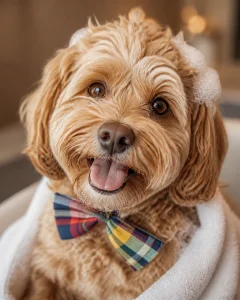 A pampered, fluffy dog looking refreshed and happy with a silly, crooked bow tie