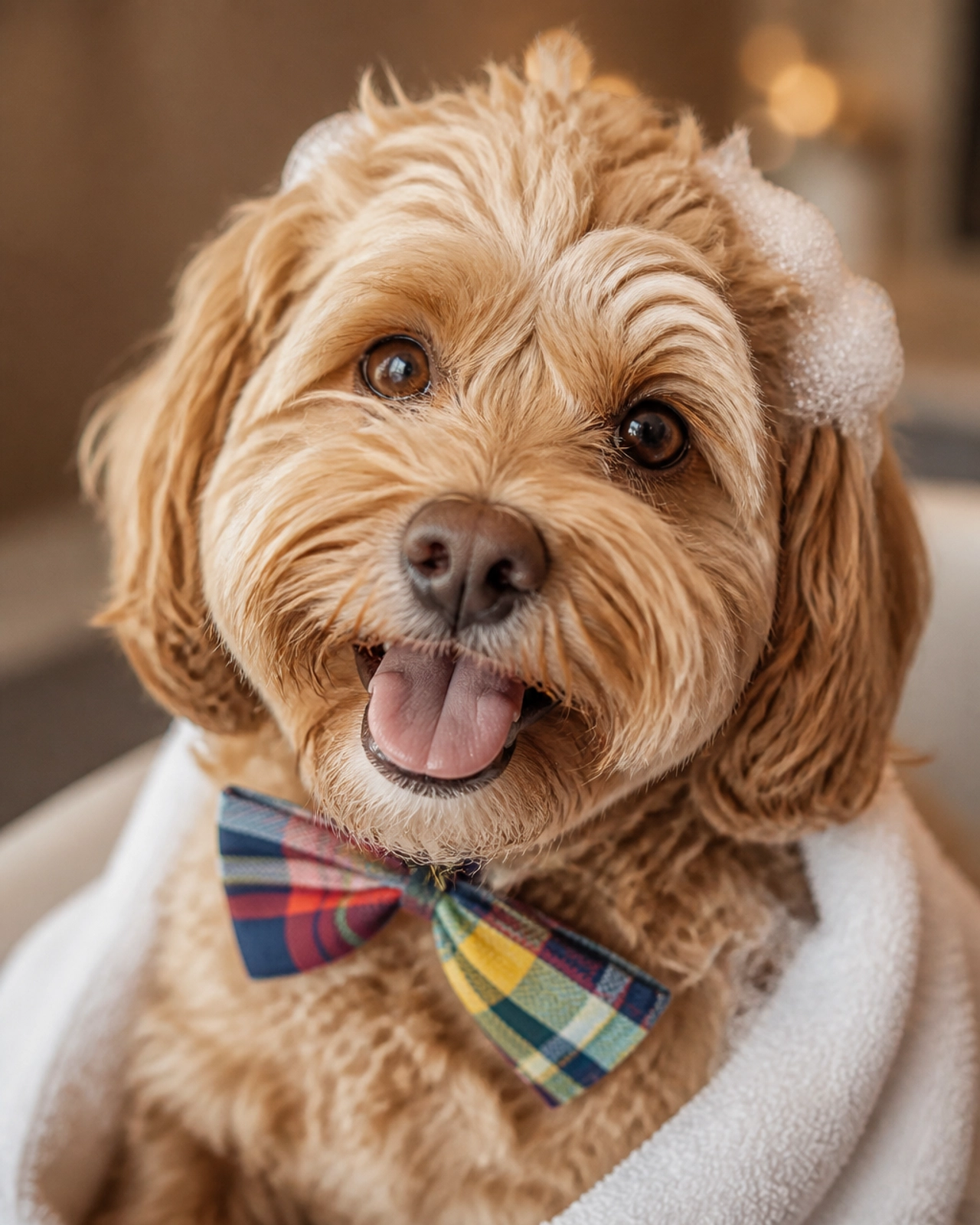 A pampered, fluffy dog looking refreshed and happy with a silly, crooked bow tie