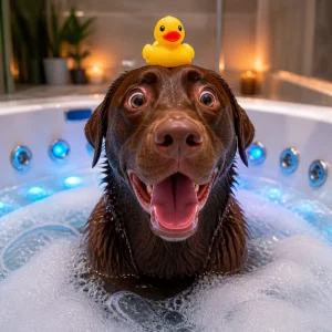 A Chocolate Lab enjoying a hydromassage with bubbles and a rubber ducky