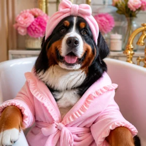 A large Bernese Mountain Dog wearing a pink spa bathrobe