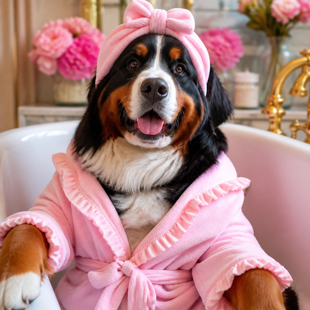 A large Bernese Mountain Dog wearing a pink spa bathrobe