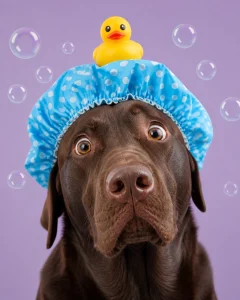 A Chocolate Lab wearing a shower cap and a rubber ducky, looking surprised