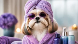 A high-end, humorous portrait of a stylish small dog after luxury mobile grooming, showing playful purple and blue styling accents, an adorable proud expression, and a clean modern background.