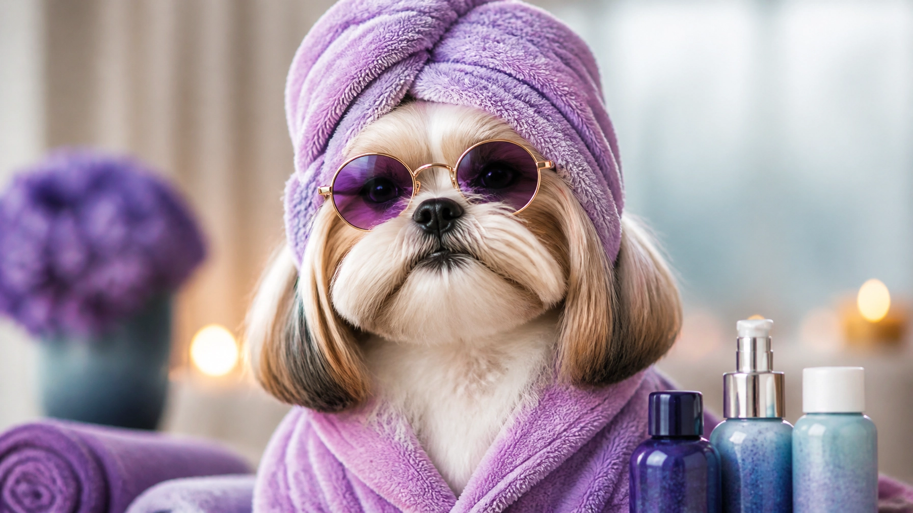 A high-end, humorous portrait of a stylish small dog after luxury mobile grooming, showing playful purple and blue styling accents, an adorable proud expression, and a clean modern background.