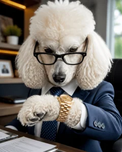 A sophisticated Poodle wearing glasses and checking a gold wristwatch, looking busy and important
