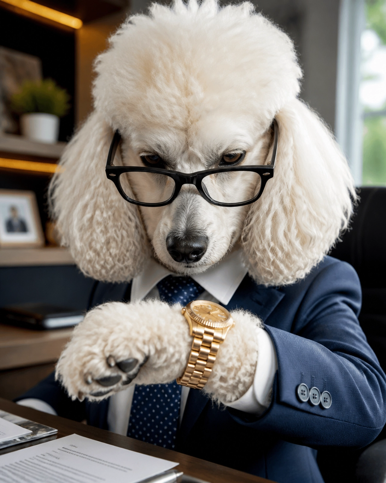 A sophisticated Poodle wearing glasses and checking a gold wristwatch, looking busy and important