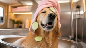 A funny, polished close-up of a dog enjoying a luxury mobile spa bath, with cucumber slices slipping during the treatment and a relaxed but amused expression in a spotless mobile grooming setup.