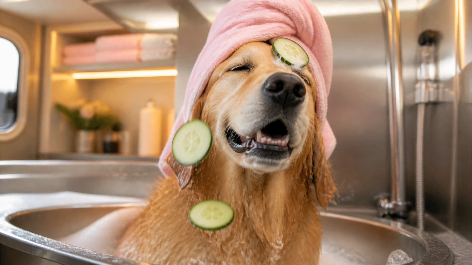 A funny, polished close-up of a dog enjoying a luxury mobile spa bath, with cucumber slices slipping during the treatment and a relaxed but amused expression in a spotless mobile grooming setup.