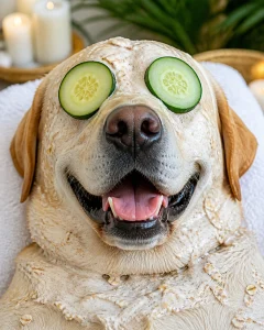 A large adult Labrador retriever relaxing during a luxury spa session