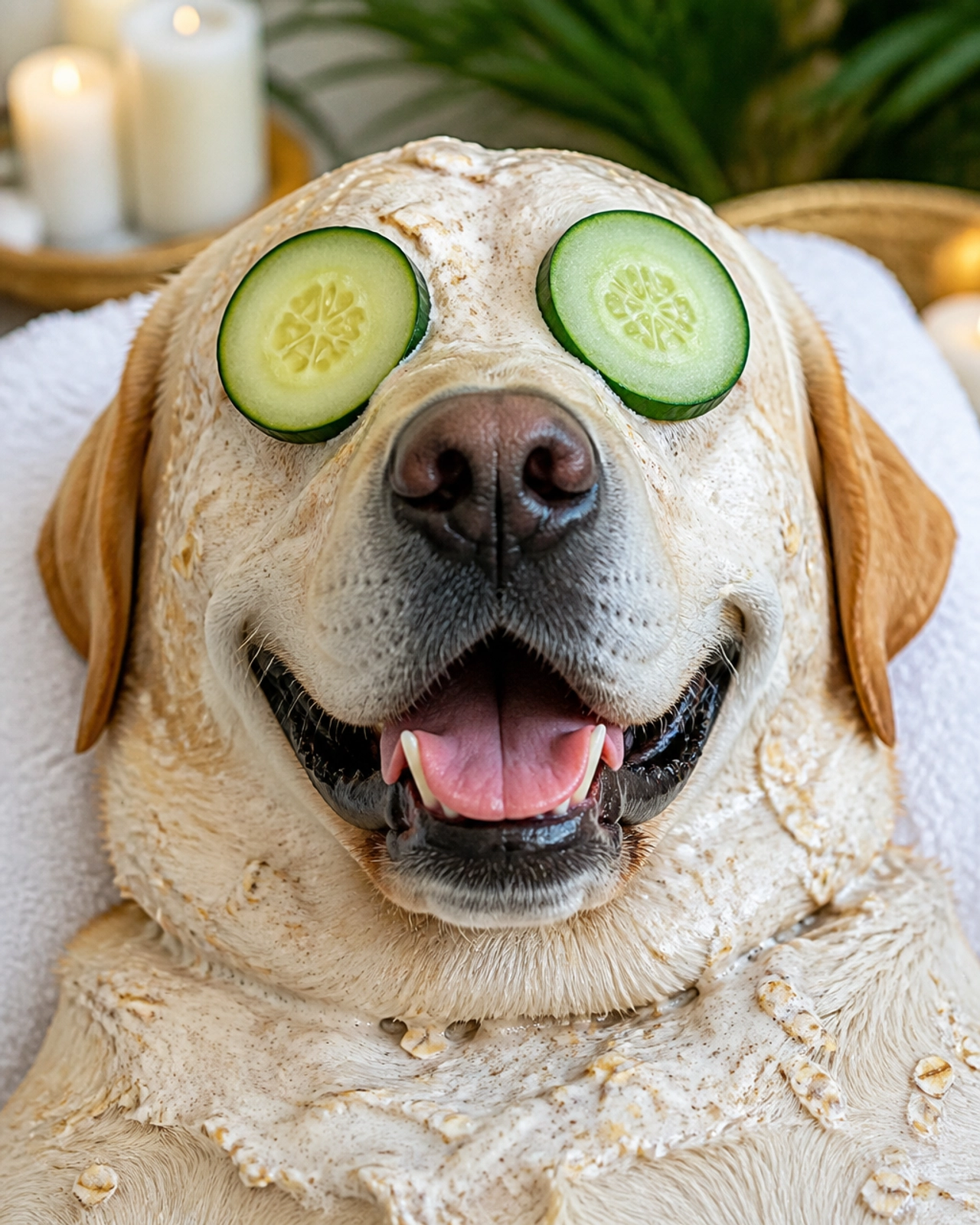 A large adult Labrador retriever relaxing during a luxury spa session