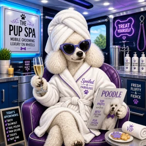 A pampered Poodle wearing a thick white spa bathrobe and a towel wrap, sitting inside a bright, modern, climate-controlled mobile grooming van looking like a high-end spa celebrity.