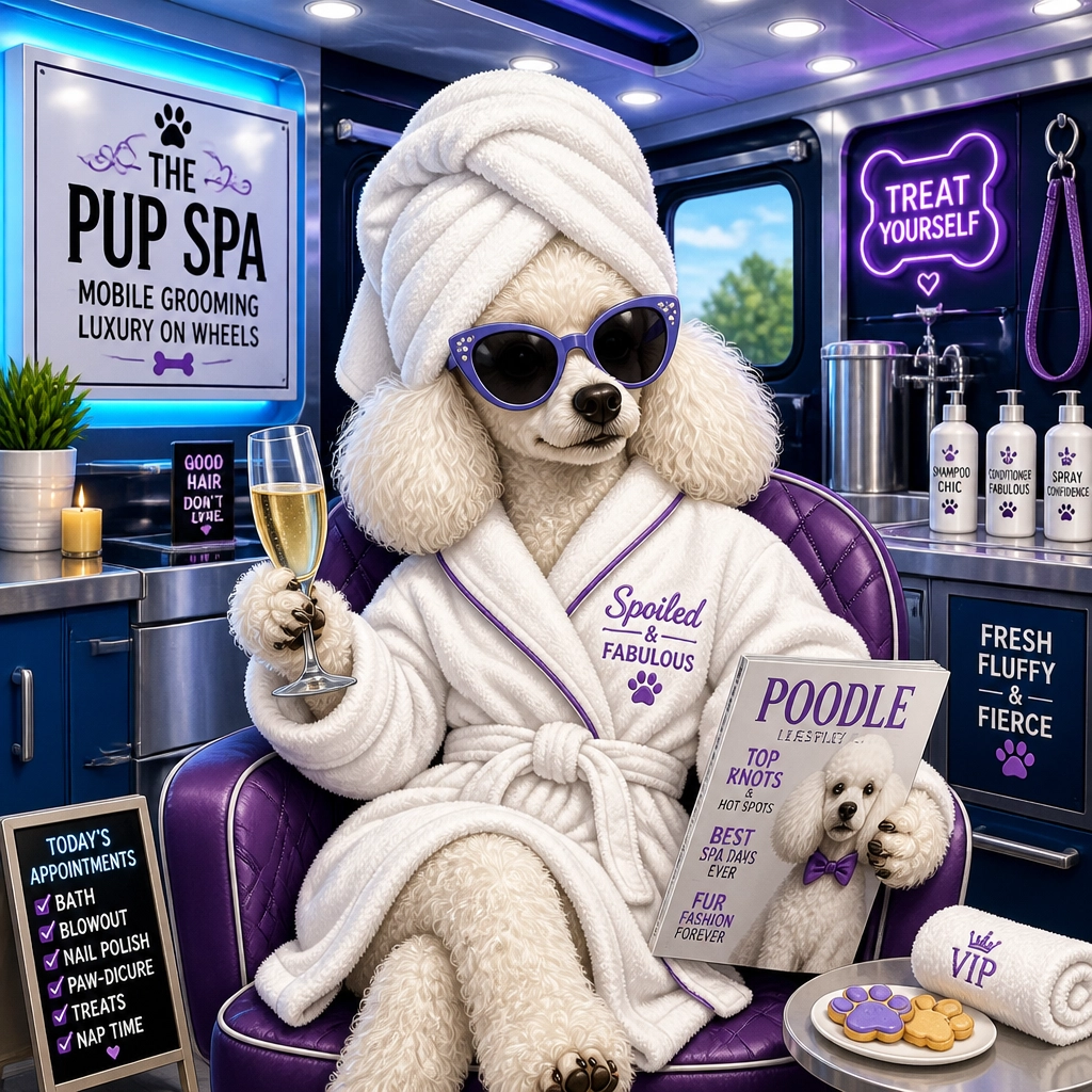 A pampered Poodle wearing a thick white spa bathrobe and a towel wrap, sitting inside a bright, modern, climate-controlled mobile grooming van looking like a high-end spa celebrity.