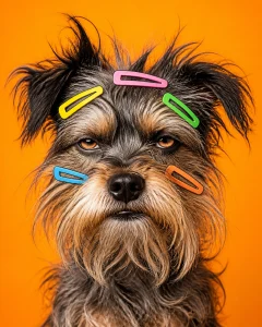 A scruffy terrier mix with funny hair clips and a grumpy expression