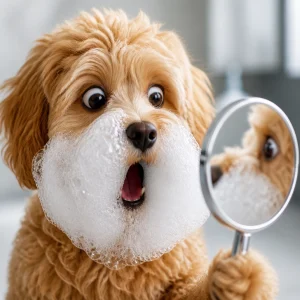 A small dog with a giant soap bubble beard, a McKinney mobile dog groomer
