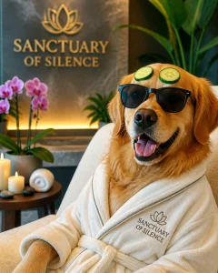 A Golden Retriever relaxing with cucumbers on its eyes in a peaceful setting