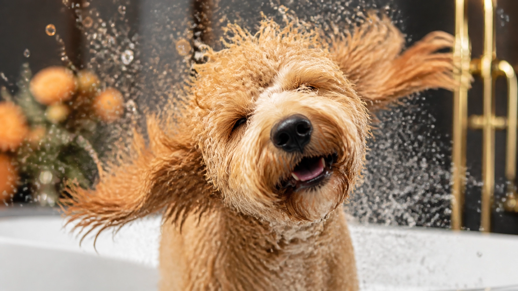 A funny Goldendoodle mid-shake with water droplets flying everywhere
