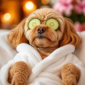 A blissful dog in a fluffy spa robe with cucumber slices over its eyes, looking deeply relaxed and pampered. Funny, luxurious, high-quality close-up portrait with bright color and personality.