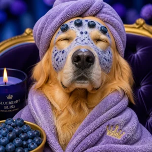 A Golden Retriever receiving a luxurious blueberry facial.