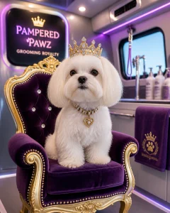 A tiny Maltese dog sitting on a velvet throne with a crown