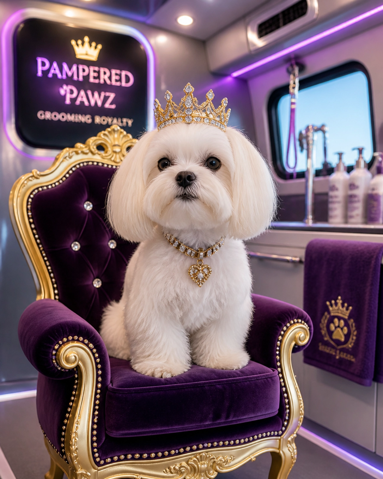 A tiny Maltese dog sitting on a velvet throne with a crown