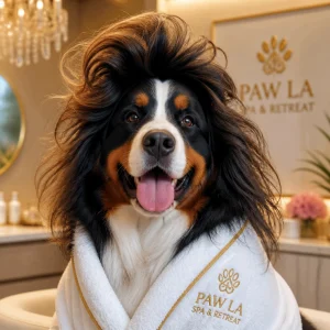 A hilarious close-up portrait of a big fluffy Bernese Mountain Dog with a messy, windswept blowout hairstyle