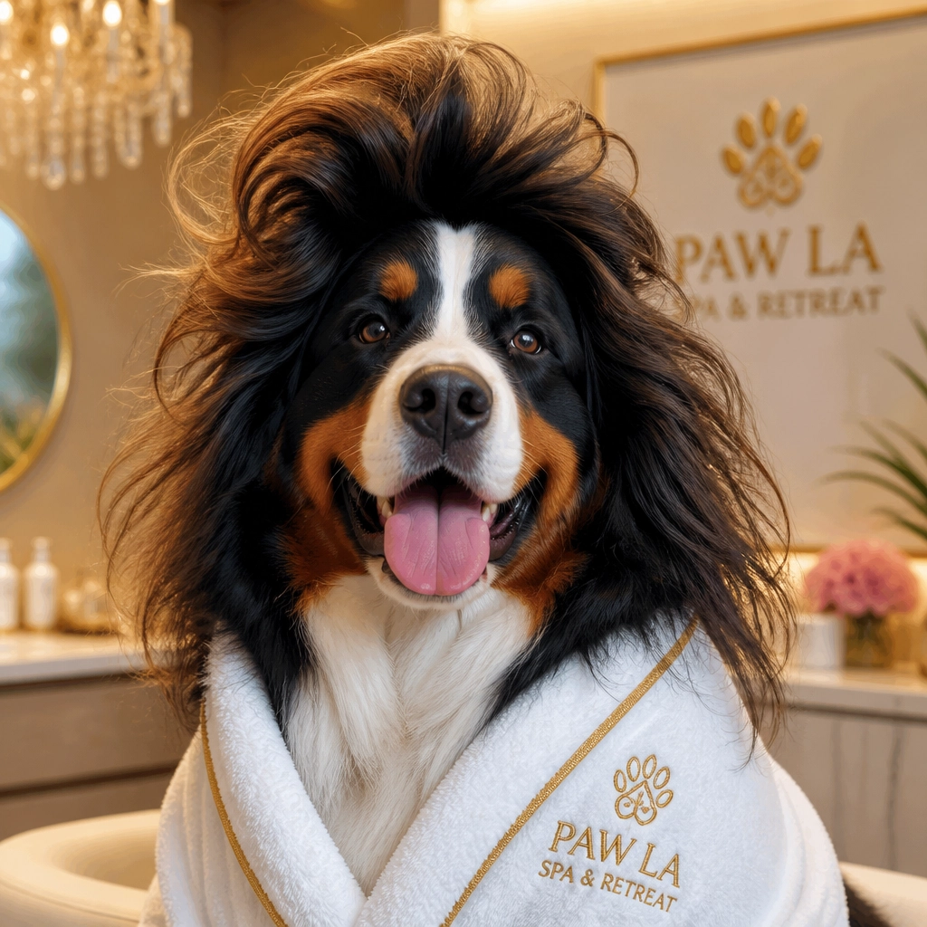 A hilarious close-up portrait of a big fluffy Bernese Mountain Dog with a messy, windswept blowout hairstyle
