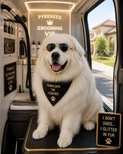 A large Great Pyrenees wearing sunglasses in a luxury grooming van.