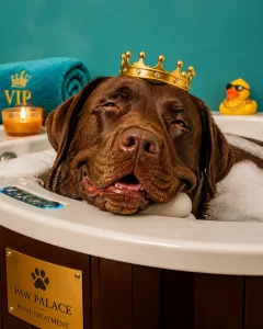 A large Chocolate Labrador looking blissfully sleepy in a bubbly bath