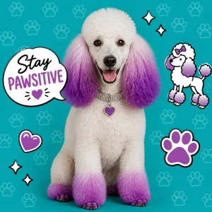 A Poodle with purple ombre ears against a modern teal background, representing our creative and high-end styling options