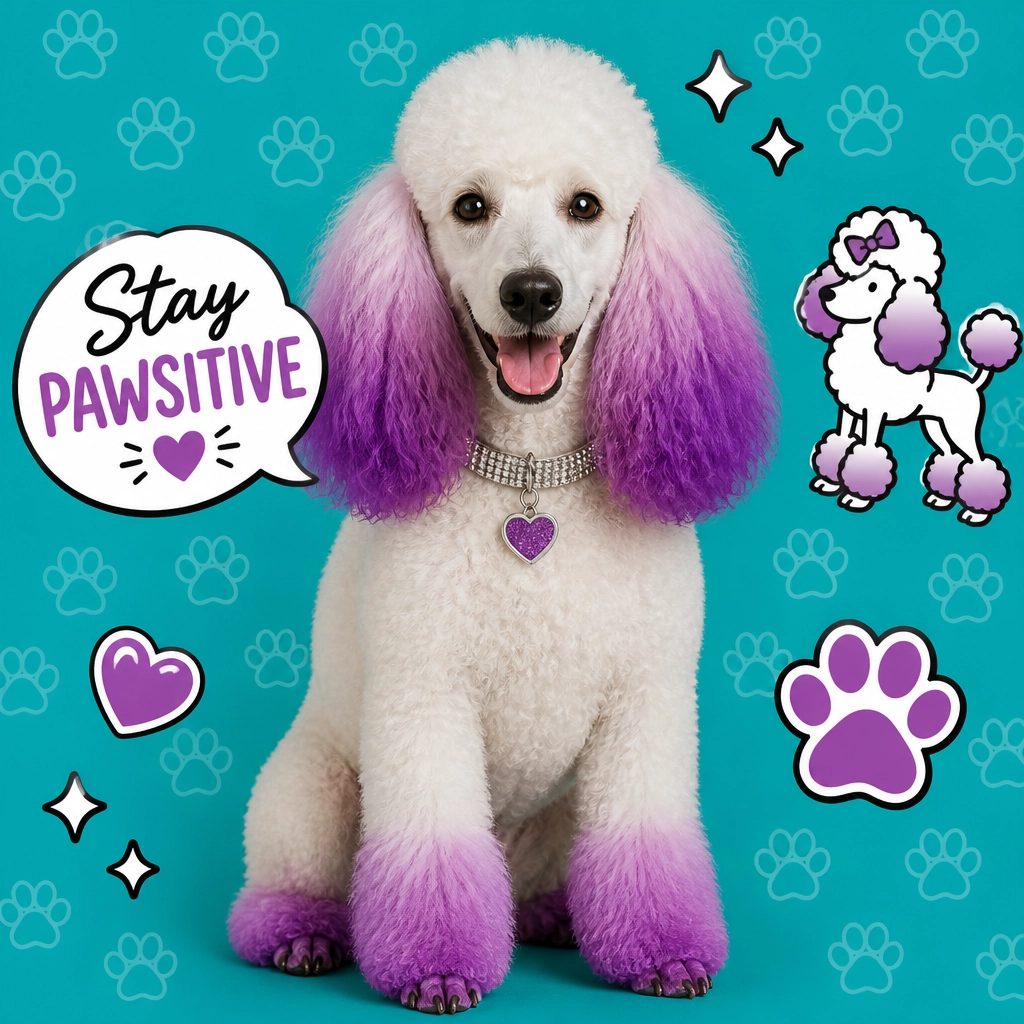 A Poodle with purple ombre ears against a modern teal background, representing our creative and high-end styling options