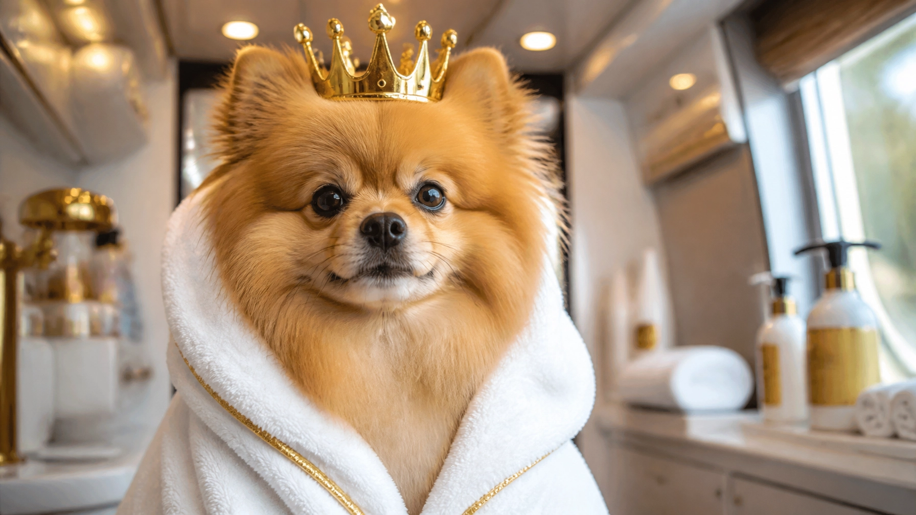 A humorous, high-end photo of a dog looking like royalty inside a luxury mobile pet spa, with a regal pose, polished grooming setup, and a calm, pampered expression that contrasts sharply with the stress of a traditional salon.