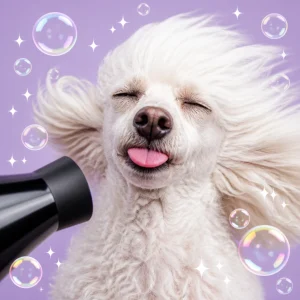 A fluffy Poodle having its hair blown back by a dryer with a funny expression