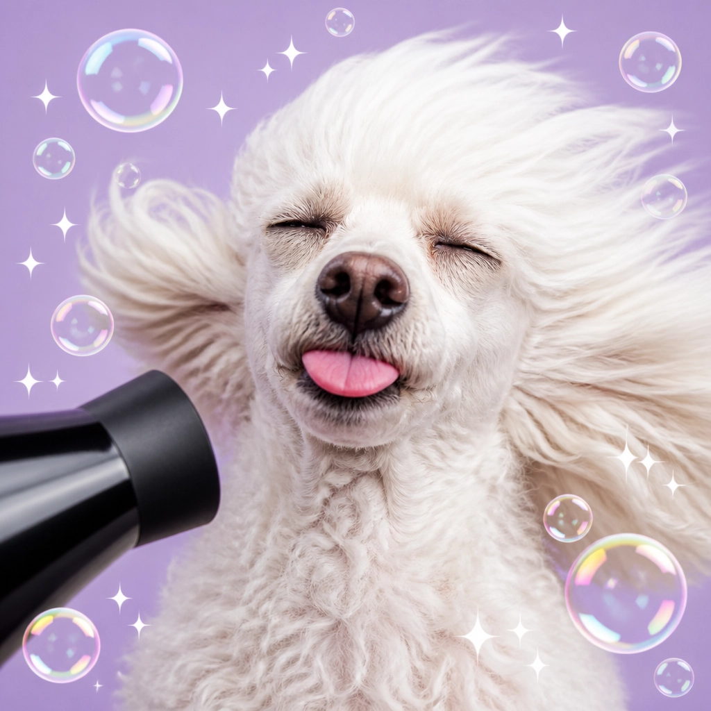 A fluffy Poodle having its hair blown back by a dryer with a funny expression