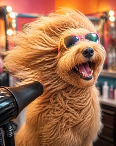 A Goldendoodle with windblown fur and sunglasses looking like a rock star