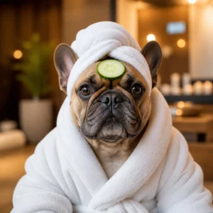 A serious French Bulldog wearing a luxury spa bathrobe