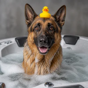A large German Shepherd sitting in a luxury hydromassage tub filled with bubbles, with a small yellow rubber duck balanced on its head, looking happy and surprised.