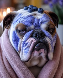 A grumpy Bulldog with a blueberry facial mask and a towel