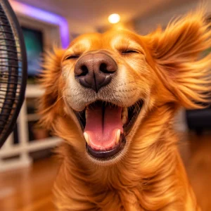 Dog cooling off with a fan