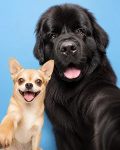 A tiny Chihuahua and a massive Newfoundland dog posing together after grooming