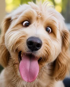 Extreme close-up of a freshly groomed, happy dog with a very silly expression and tongue hanging out