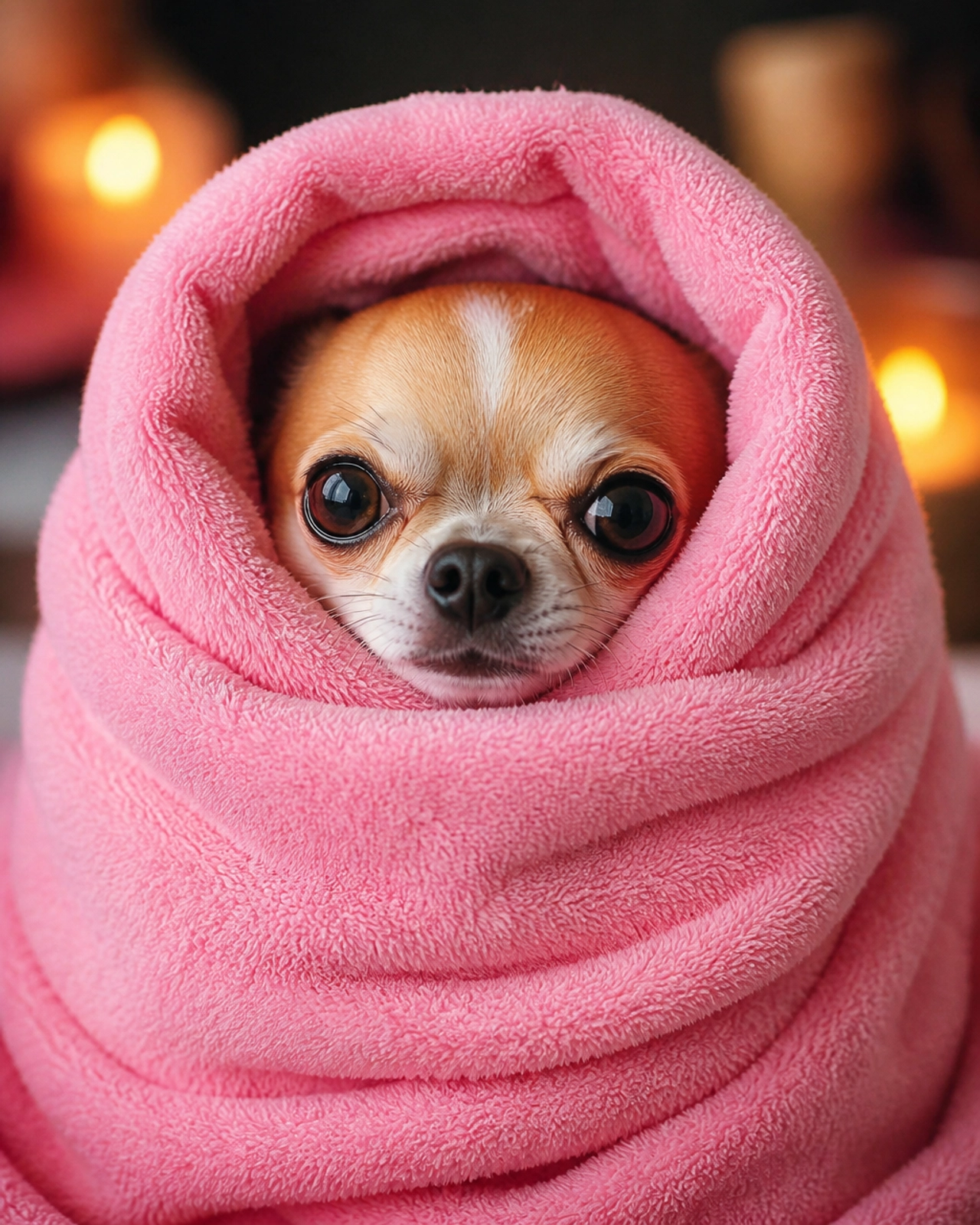 A small dog wrapped snugly in a plush pink towel like a burrito, looking pampered and cozy.