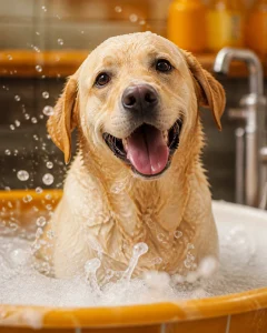 A joyful yellow Labrador with water droplets glistening on its fur, splashing happily and smiling with its tongue out during an oxygenated bath.