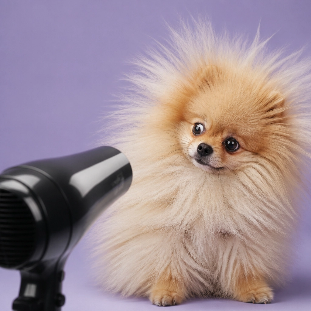 A small Pomeranian looking at a hair dryer with a funny, 'puffy' cloud of fur and a confused expression.